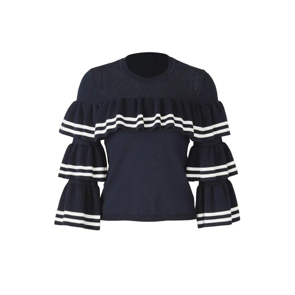 Parker Rhonda Sweater‎ Blue & White Striped Ruffle Tiered Sz S Cotton Knit